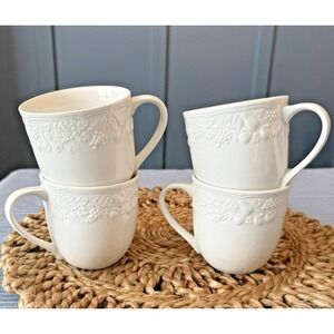 Martha Stewart Harvest‎ Border Mugs Set 4 White Porcelain Embossed